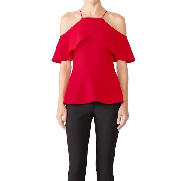 Christian Siriano Red Cold-Shoulder Peplum Top Size 0 Bold Designer Statement - Picture 1 of 7